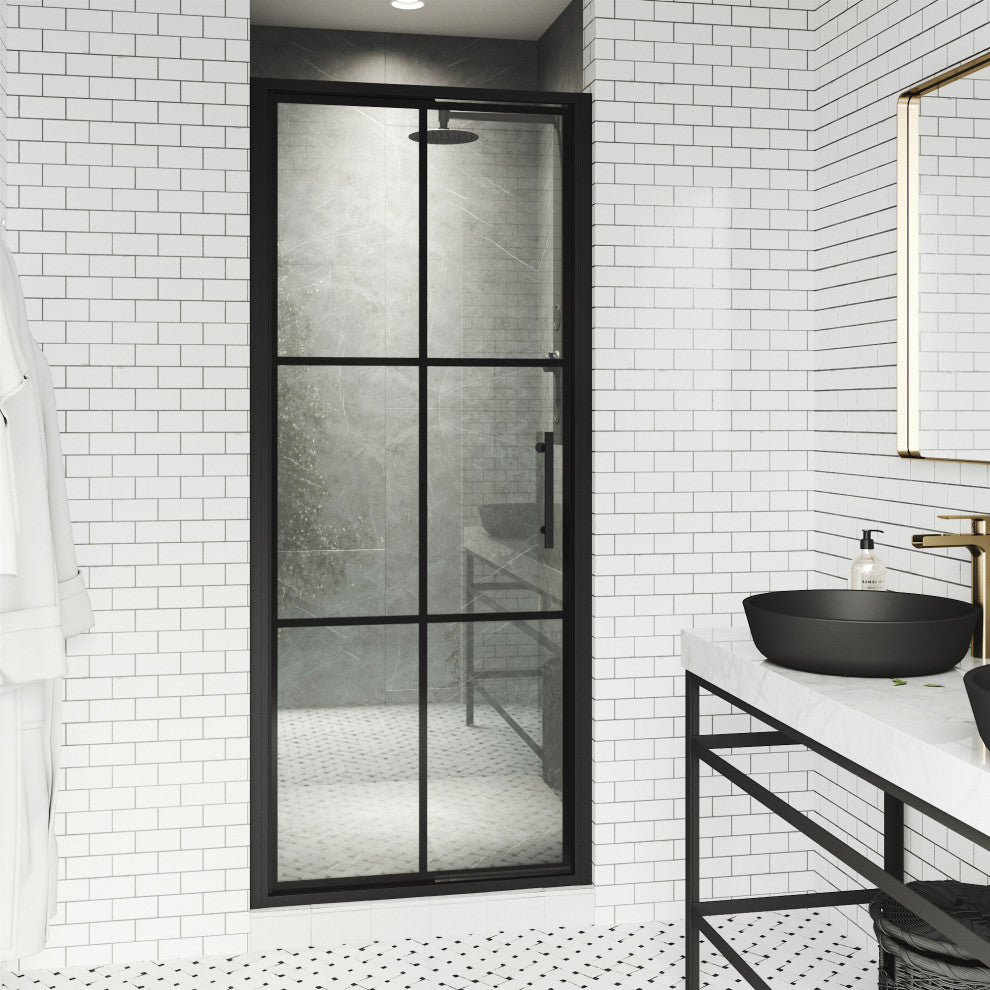 VIGO Astoria Framed Pivot Shower Door, Matte Black, 30" W X 76" H, Clear Glass