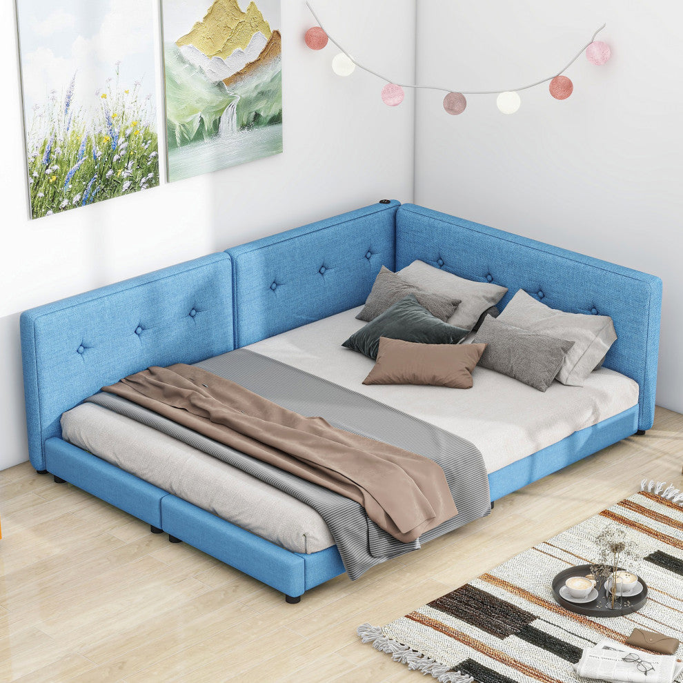 Gewnee Upholstered Queen Size platform bed with USB Ports