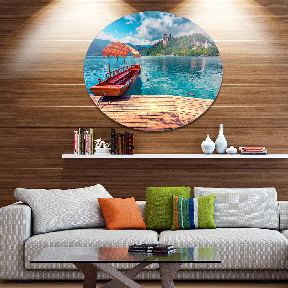 Boat In Lake Bled In Julian Alps, Landscape Art Round Wall Art, 23"