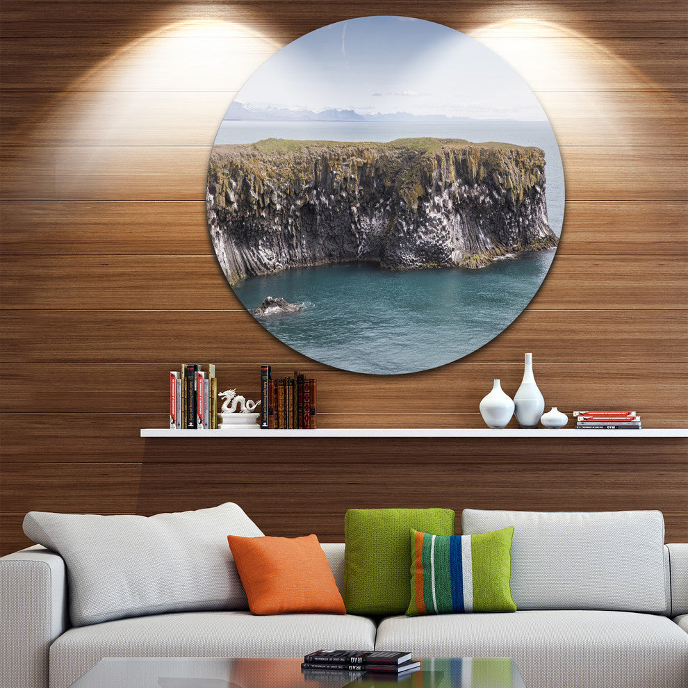 Huge Rock In Coastline Panorama, Seashore Disc Metal Wall Art, 23"