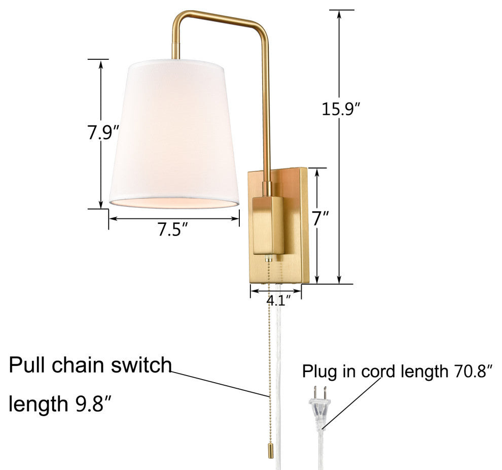 Gold Fabric Shade Wall Sconce Bedroom Plug-in Wall Lamp Set of 2