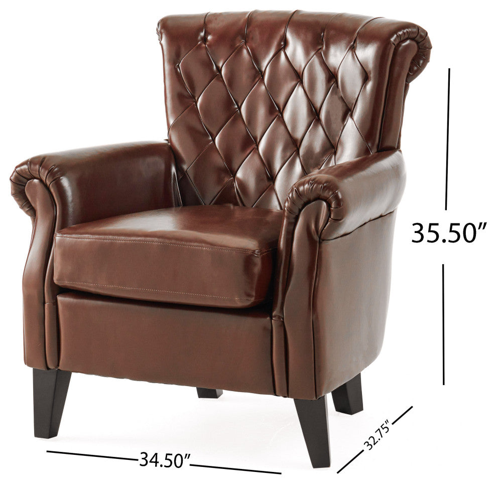 GDF Studio Tufted Leather Club Chair, Chestnut Brown and Dark Brown