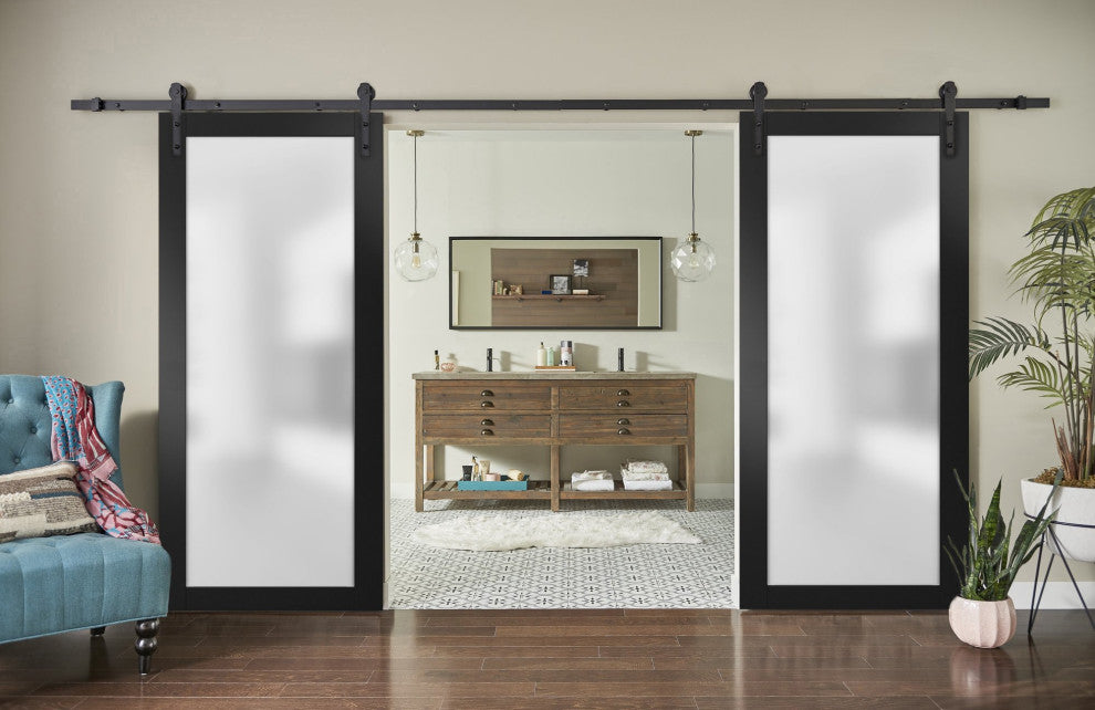 Slab Barn Door Panel Frosted Glass Lite 30 x 96 | Planum 2102 Black Matte