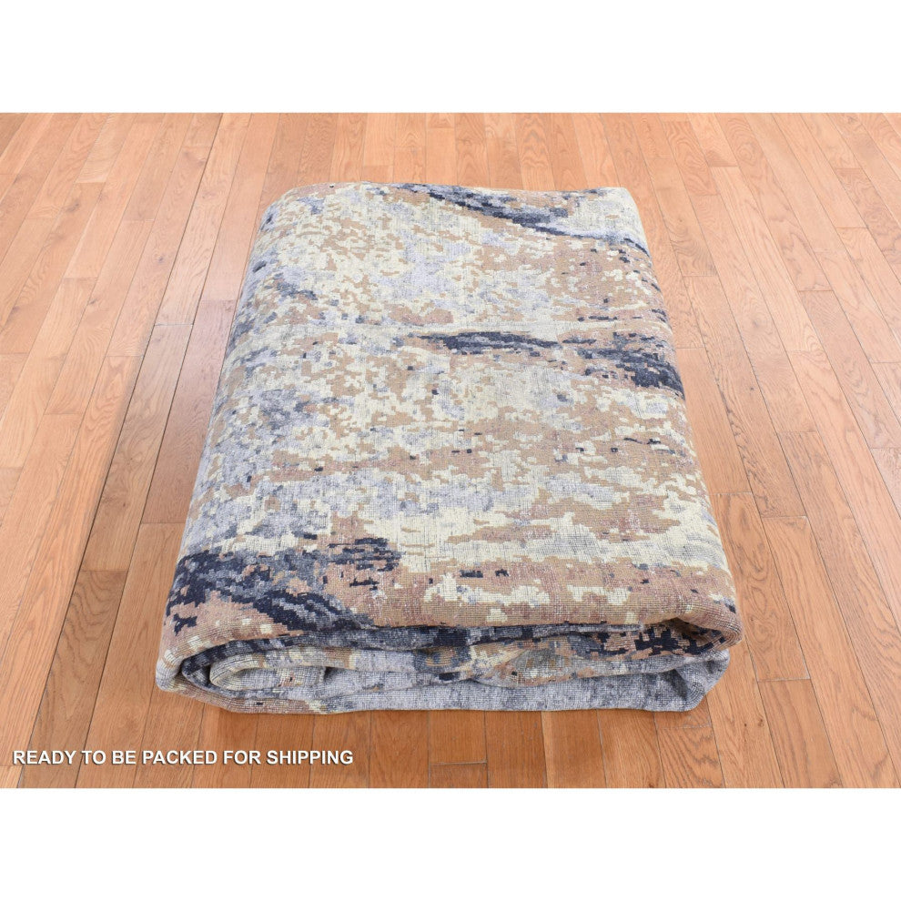 Sea Blue With Brown Fossil Design Wool and Silk Hand Knotted Rug, 10'x14'