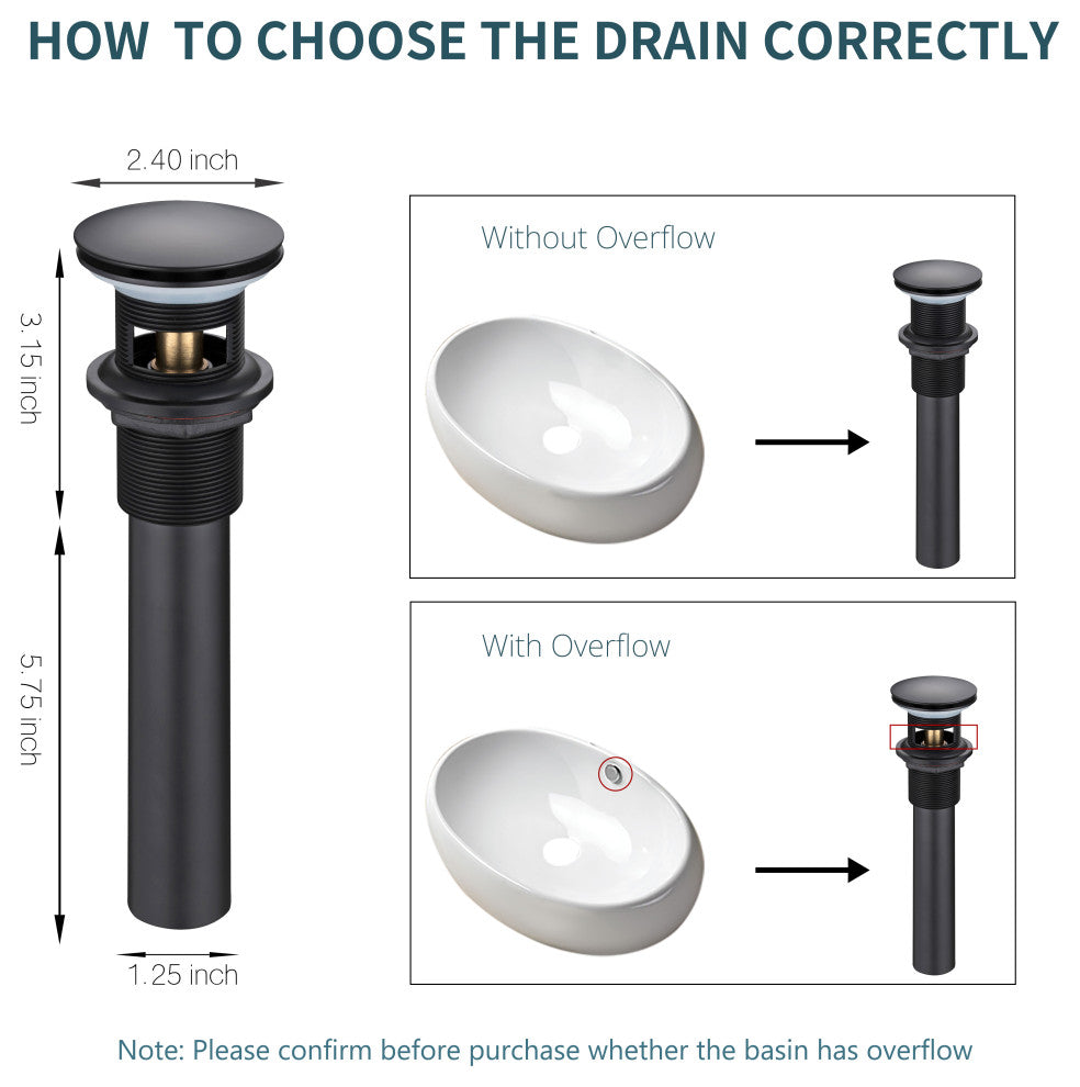 HEATGENE Bathroom Sink Drain, Pop Up Drain, Matt Black, With Overflow
