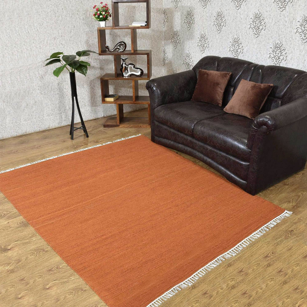 HAND WOVEN FLAT WEAVE KILIM WOOL ECO-FRIENDLY AREA RUGS-Solid,Dark Orange