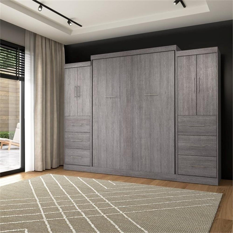 Atlin Designs 115" Wood Queen Wall Bed Kit Set with 6 Drawers in Bark Gray