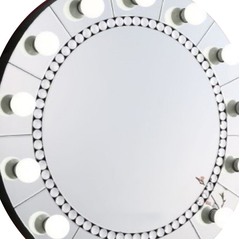 Benzara BM274652 Round Lighted Mirror, 11 Bulb Sockets, Faux Diamonds, Silver