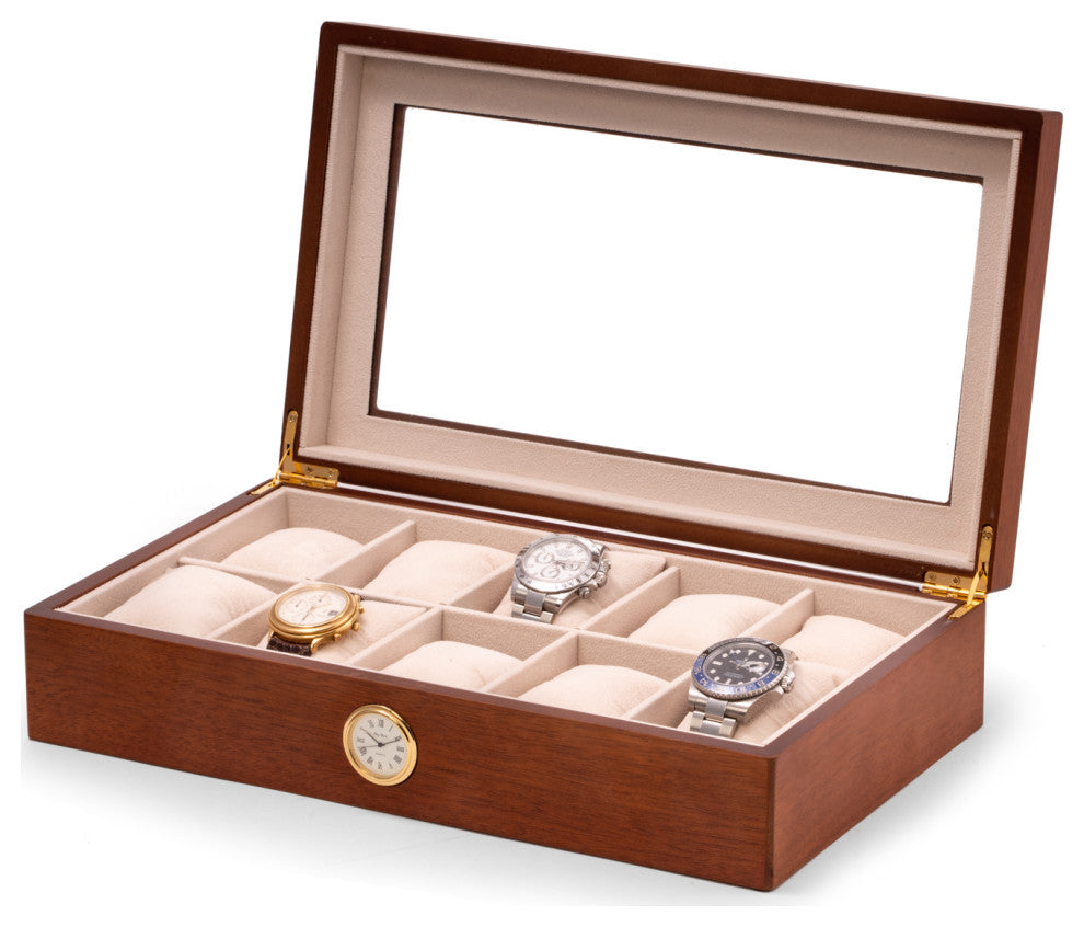 Cherry Wood Ten Watch Box, Quartz Movement Clock