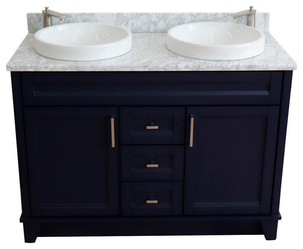 48" Double Sink Vanity, Blue Finish With White Carrara Marble And Round Sink