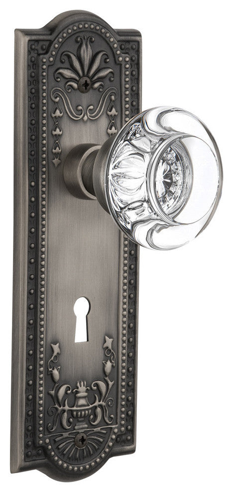 Meadows Plate Privacy Round Clear Crystal Glass Knob, Antique Pewter