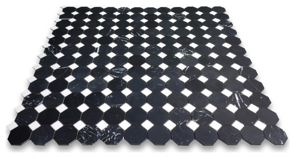 Nero Marquina Black Marble Octagon Mosaic Tile Thassos White Honed, 1 sheet
