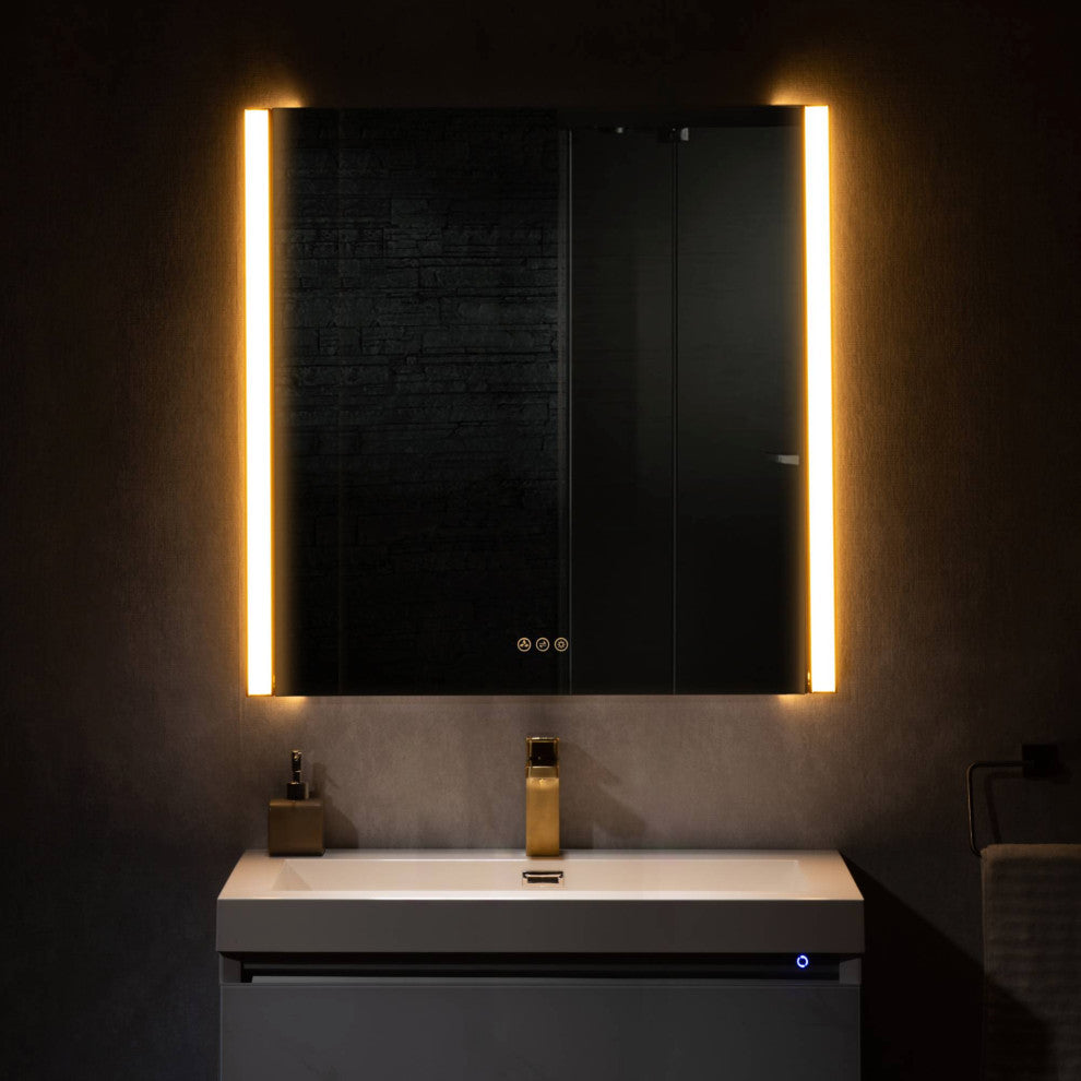 LED Antifog Bathroom Mirror, Dimmer, Adjustable Color, Brush Gold, 36x32
