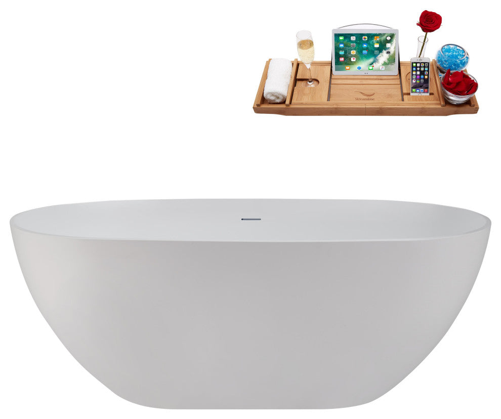 59" Streamline NS5860CH Matte White Stone Resin Bathtub, Tray With Chrome Drain