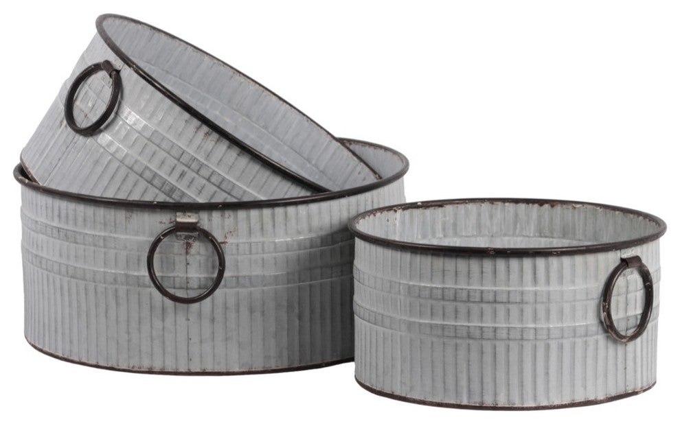 Round Metal Bucket With Ring Handles, Set of 3, Washed Gray
