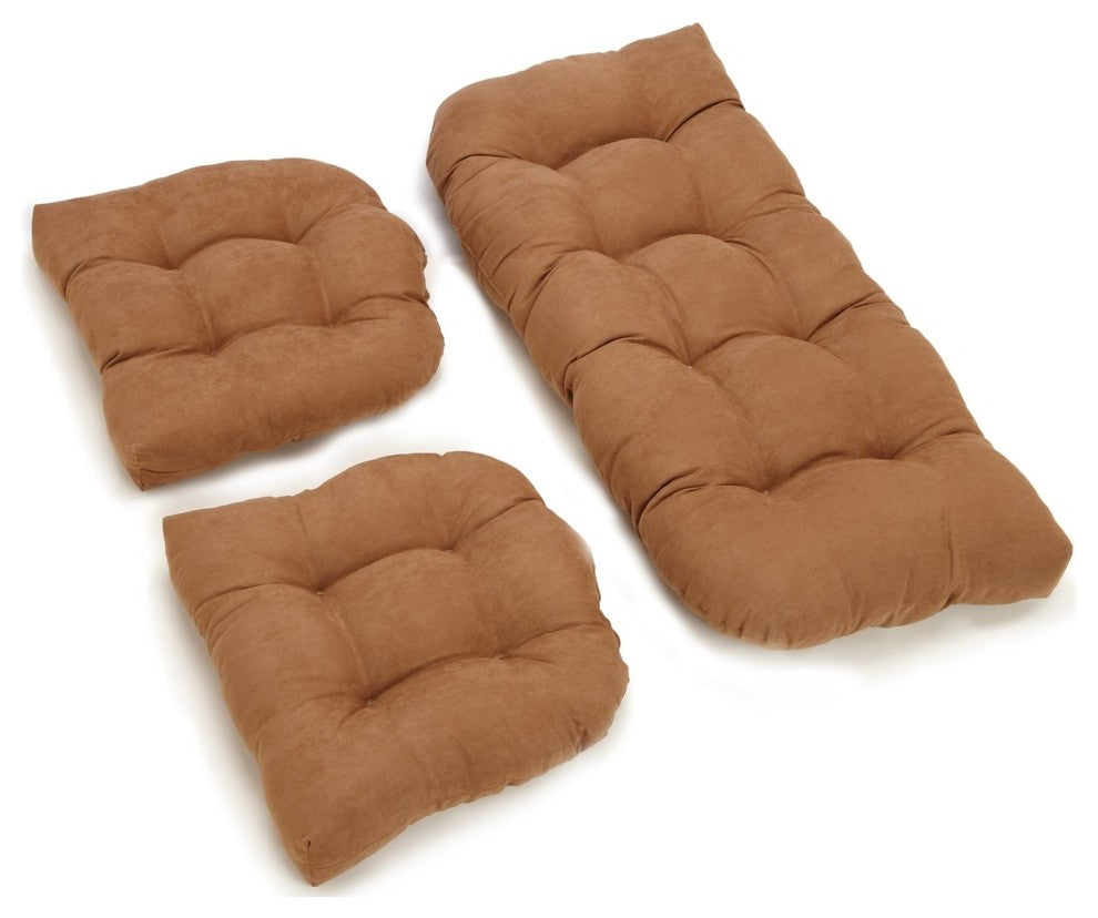 U-Shaped Microsuede Tufted Settee Cushion Set, Set of 3, Saddle Brown