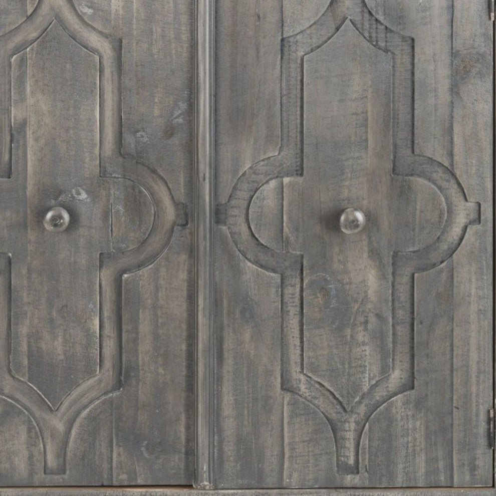 Rustic Gray Wash Scroll Wood Two Door Accent Cabinet