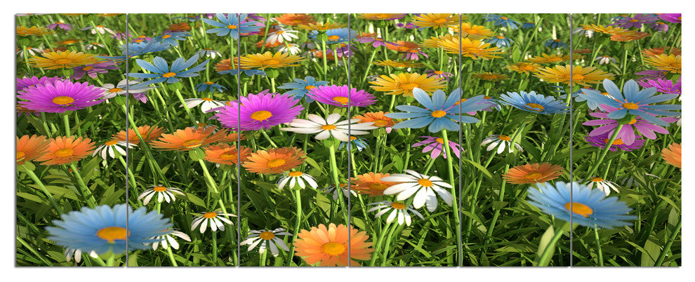 Different Color Flowers in Field, Floral Canvas Art Print, 70"x28", 6 Panels