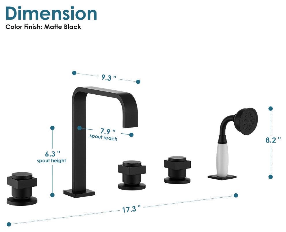 Vikran Triple Handle Deck-Mount Roman Tub Faucet Trim With Handshower, Matte Black