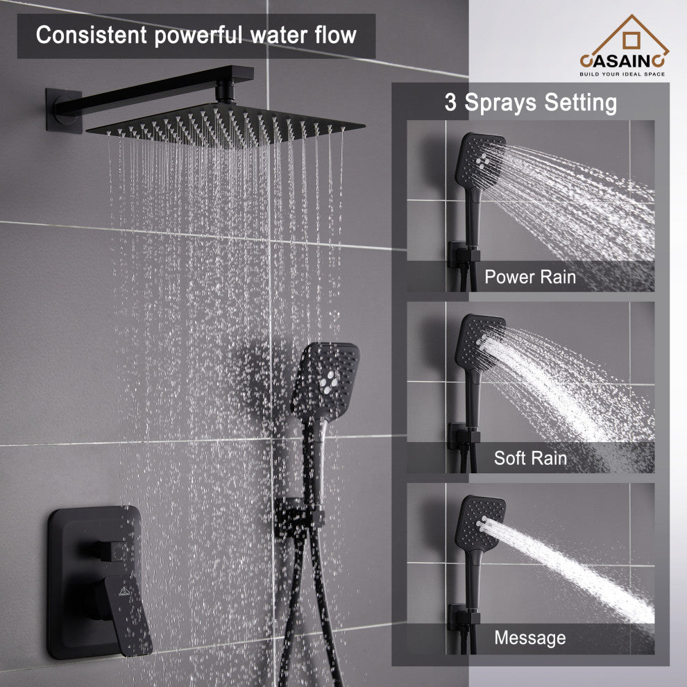 9inch Shower System Brushed Nickel Dual Head Waterfall Shower Bar System, Matte Black