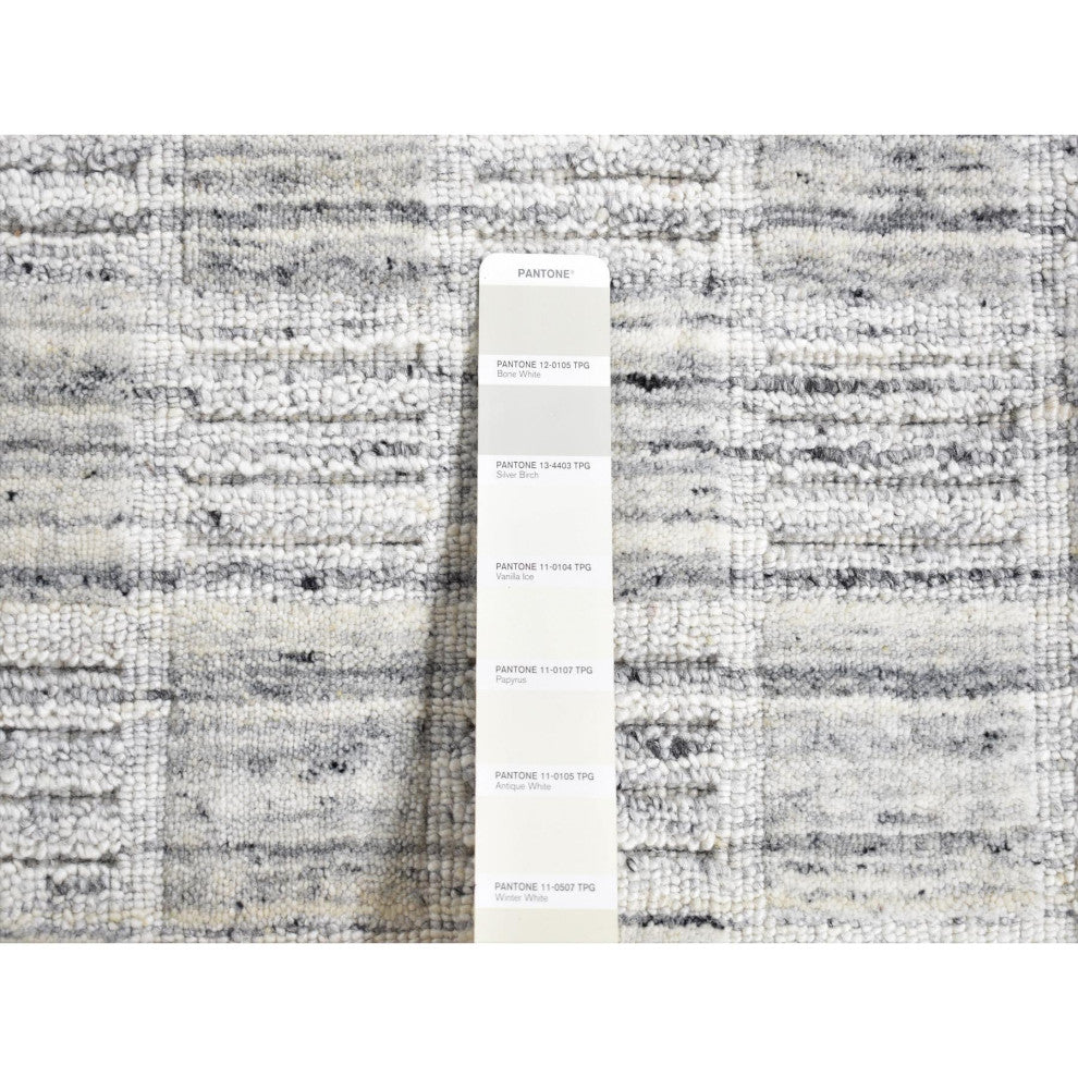 Pearl White Hand Loomed Modern Checkers Design Pure Wool Rug 1'10"x2'