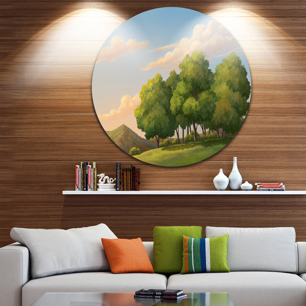 Green Mounds With Green Trees, Landscape Disc Metal Artwork, 23"