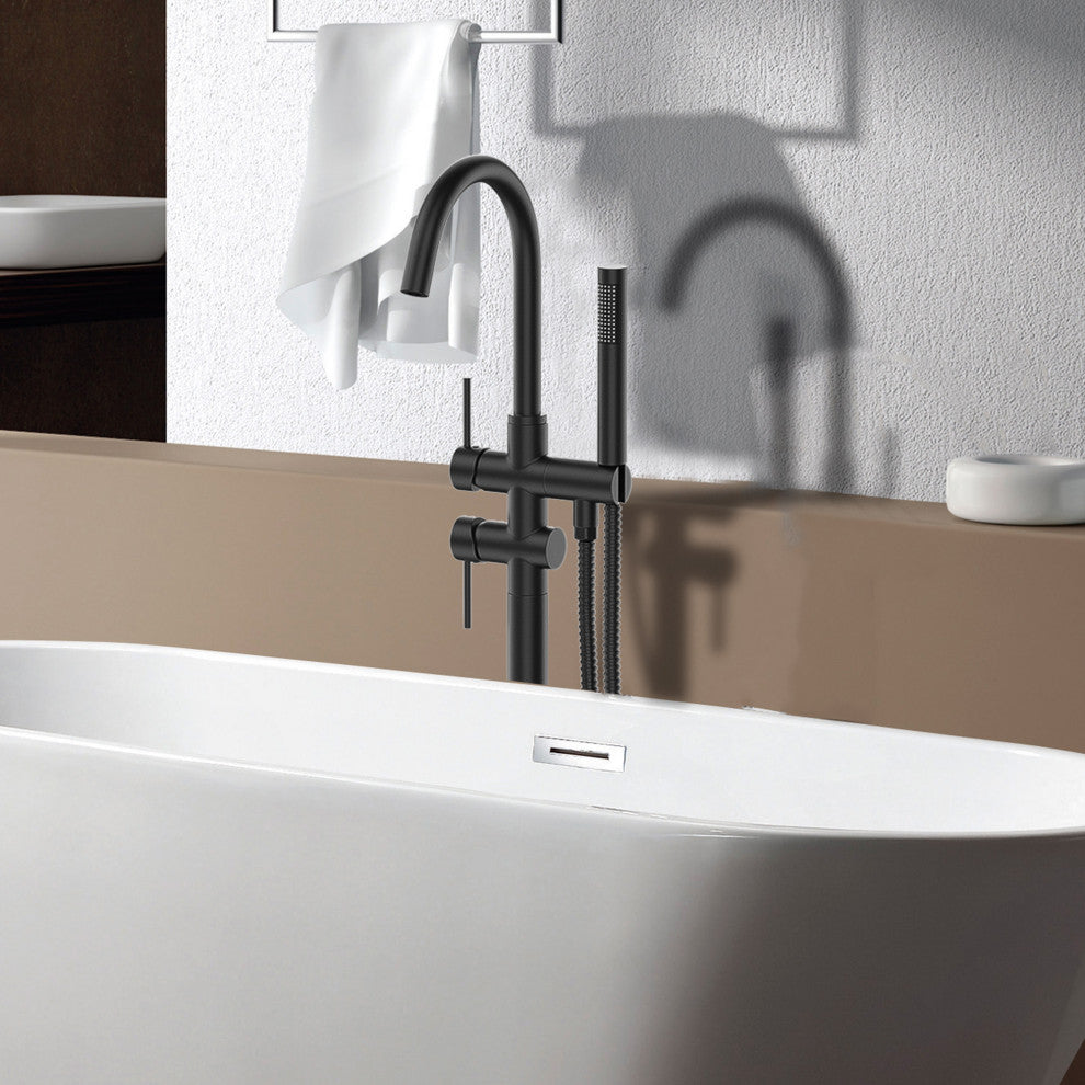 Floor Mounted Double Handle Bathtub Faucet, Handheld Shower, Matt Black