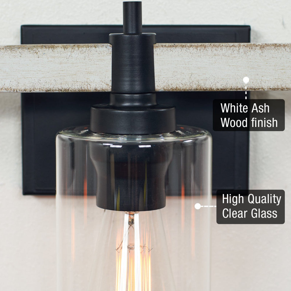 Kira Home Theo 25" Farmhouse Bathroom Light, Cylinder Glass Shades, White Ash