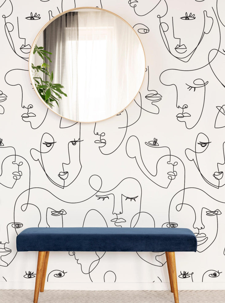 Minimalist Face Line Art Mural Peel and Stick Vinyl Wallpaper, Black, 24x108