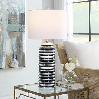 Navy And White Ceramic Base With Brushed Nickel Accents. Table Lamp