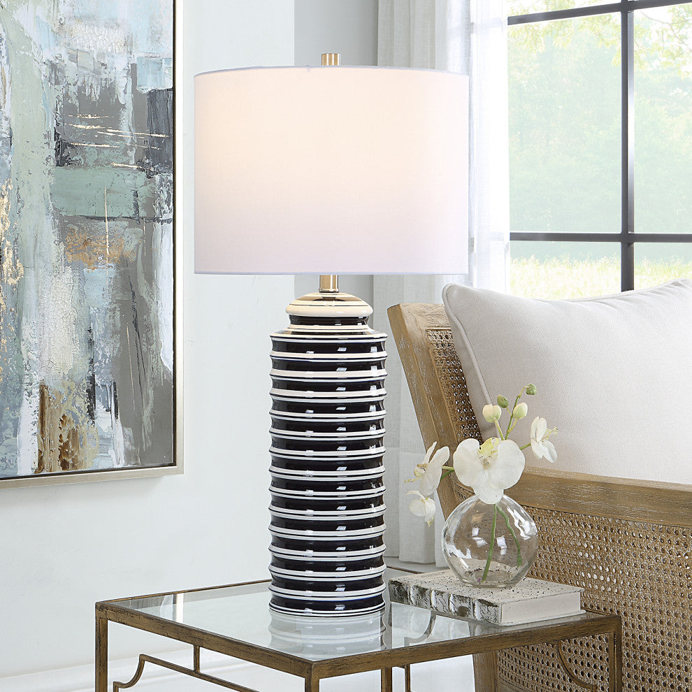 Navy And White Ceramic Base With Brushed Nickel Accents. Table Lamp