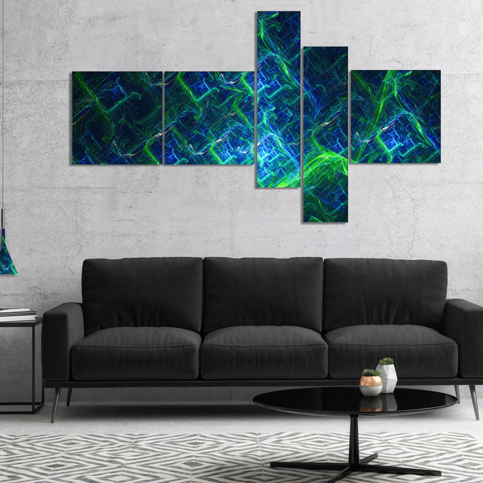 Green Blue Electric Lightning, Abstract Art on Canvas, 60"x32", 5 panels