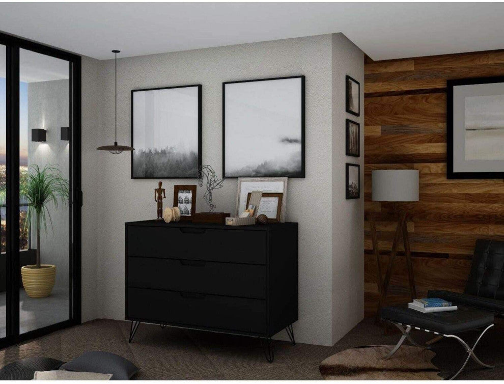 Black Mid-century Modern 3 Drawer Bedroom Dresser