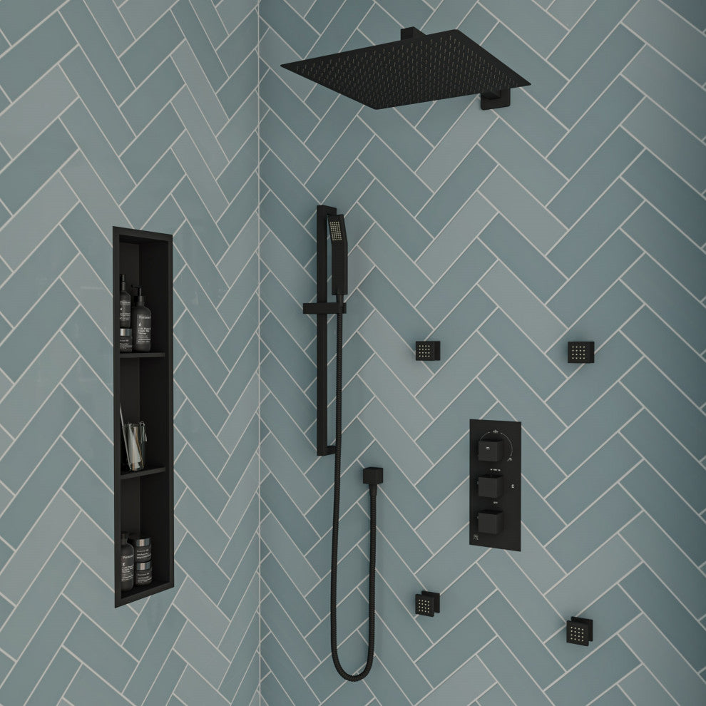 ALFI 8"x36" Black Matte Stainless Steel Vertical Triple Shelf Bath Shower Niche