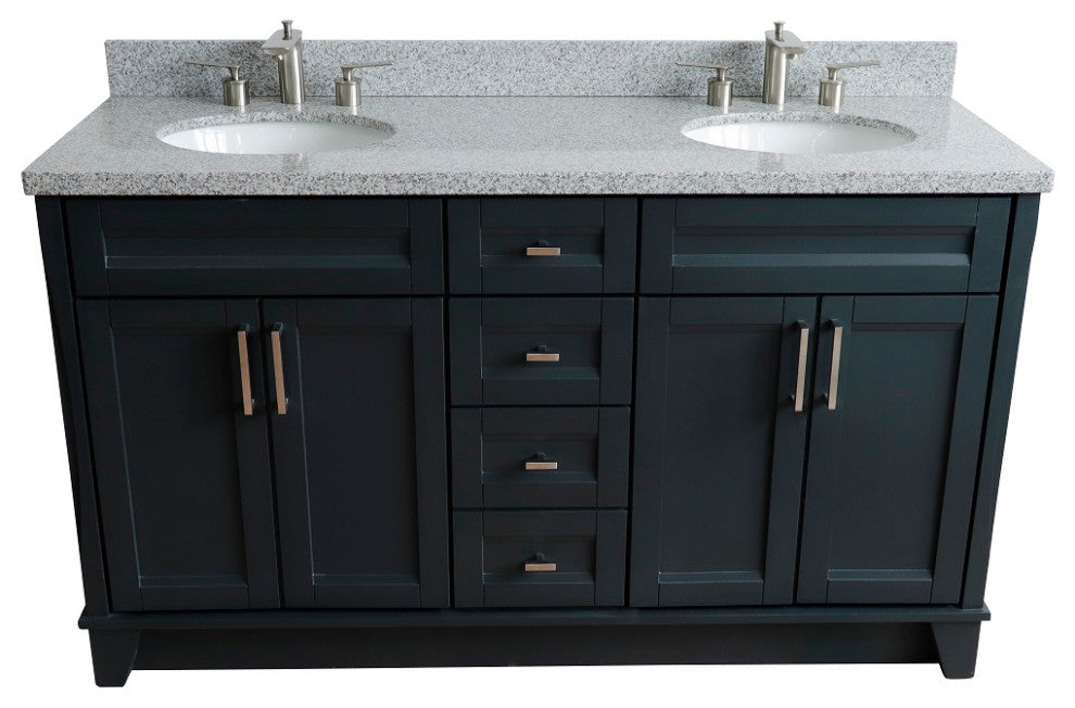 61" Double Sink Vanity, Dark Gray Finish And Gray Granite And Oval Sink