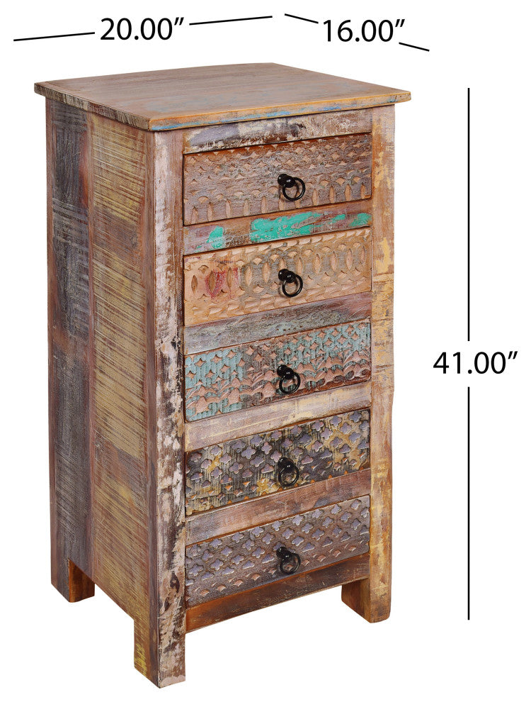 Willards Boho Handmade Reclaimed Wood 5 Drawer Chest, Multicolored and Natural