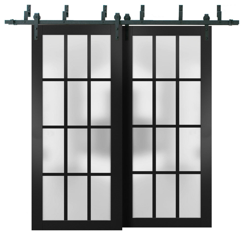 Barn Bypass Doors 48 x 80, Felicia 3312 Black Frosted Glass, 6.6' Rail