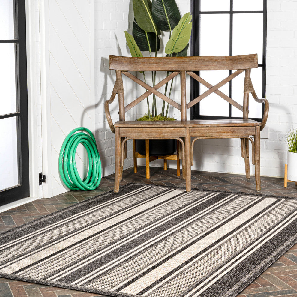 Haynes Modern Double Stripe Indoor/Outdoor Area Rug, Black/Cream, 8x10