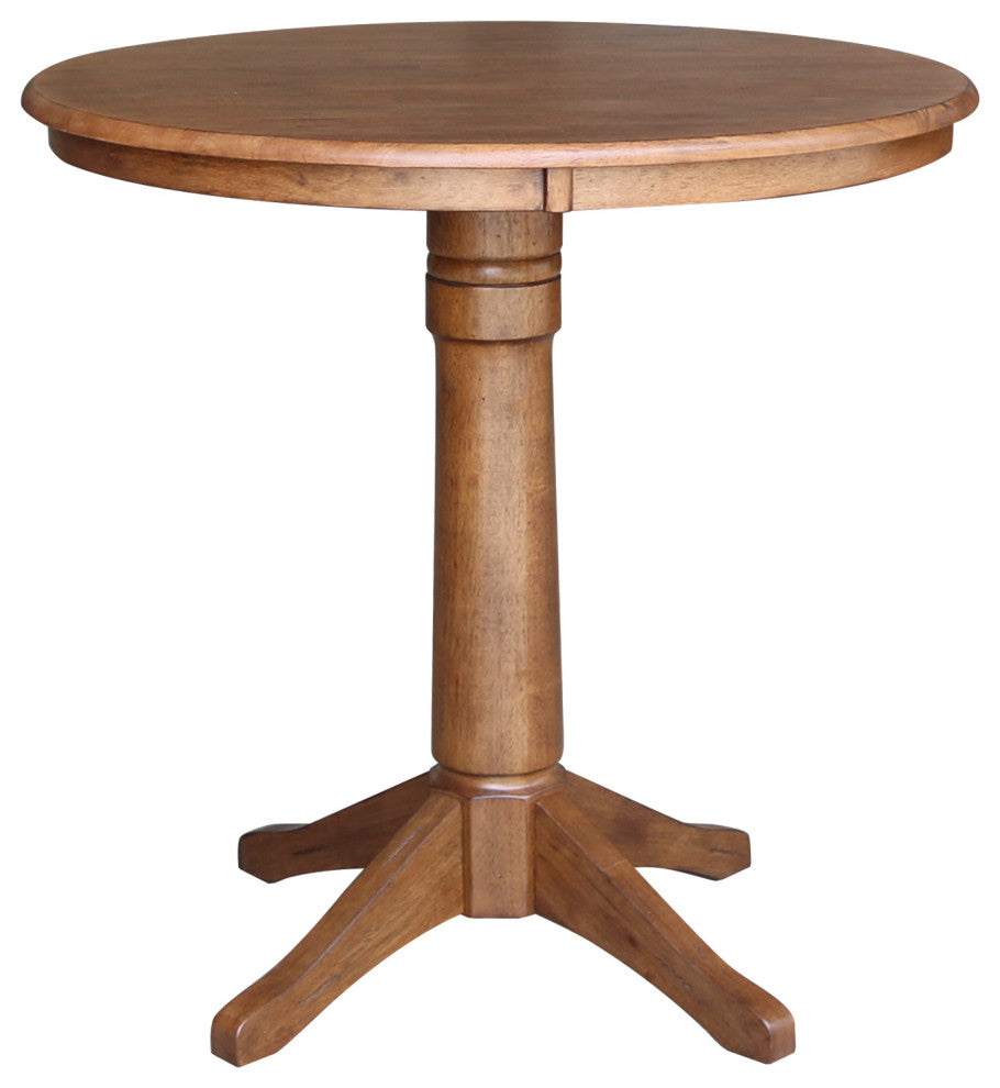 36" Round Pedestal Gathering Height Table With 2 X-Back Counter Height Stools, Distressed Oak