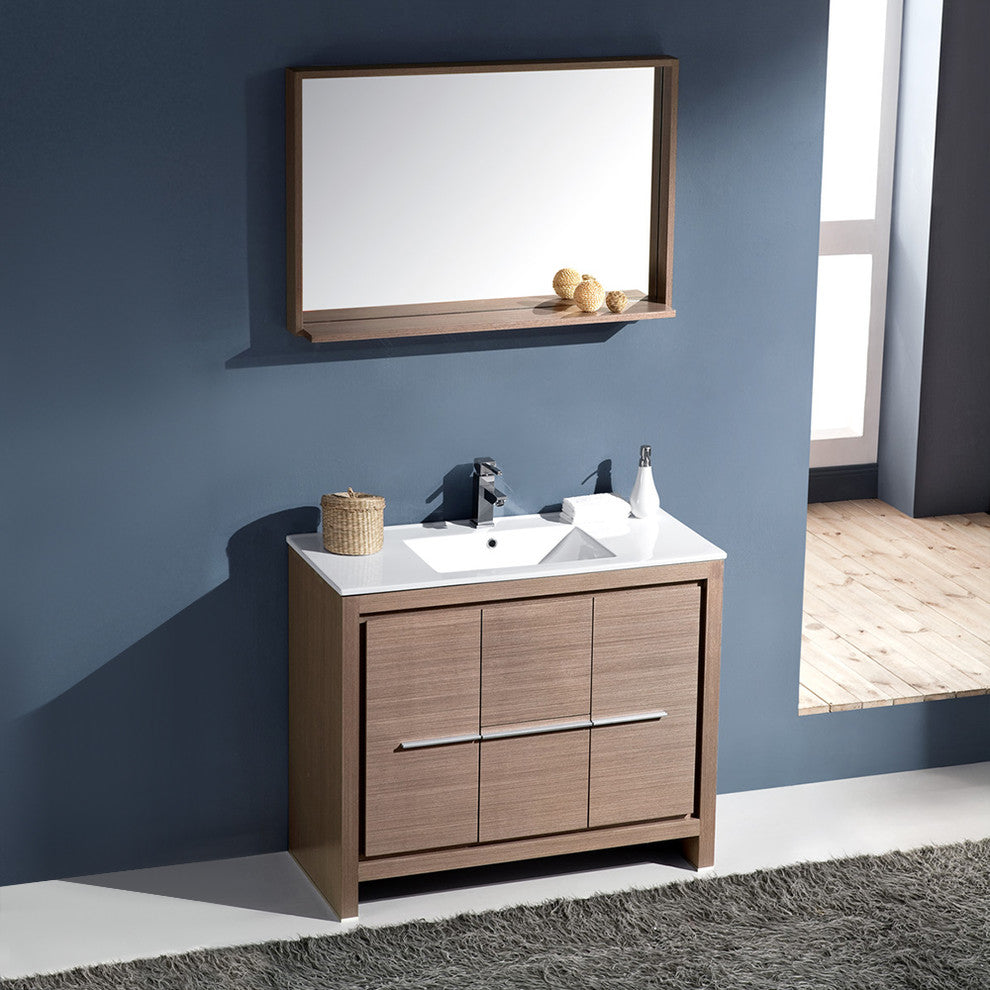 Fresca Allier 40" Modern Bathroom Vanity With Mirror, Gray Oak, Faucet-Fft1041bn