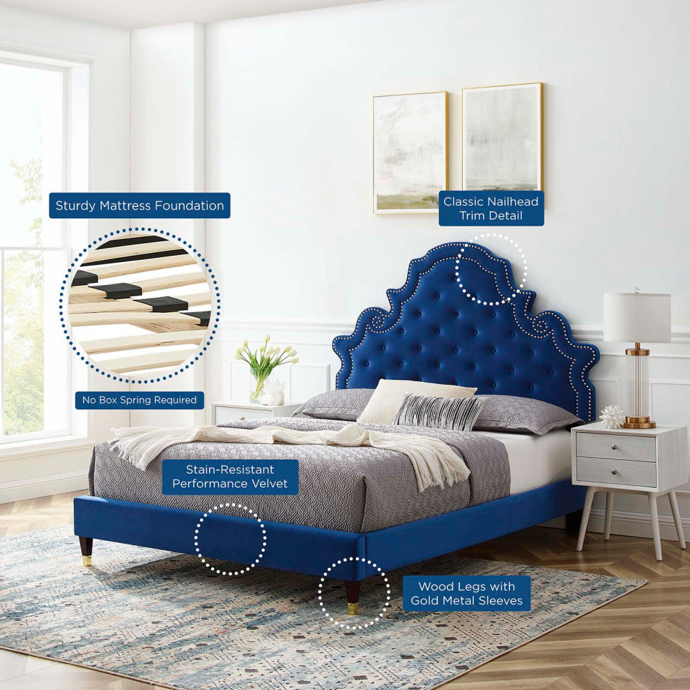 Tufted Platform Bed Frame, Twin Size, Velvet, Blue Navy, Modern Contemporary