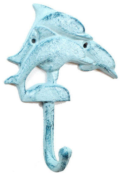 Rustic Dark Blue Whitewashed Cast Iron Dolphins Wall Hook 6"