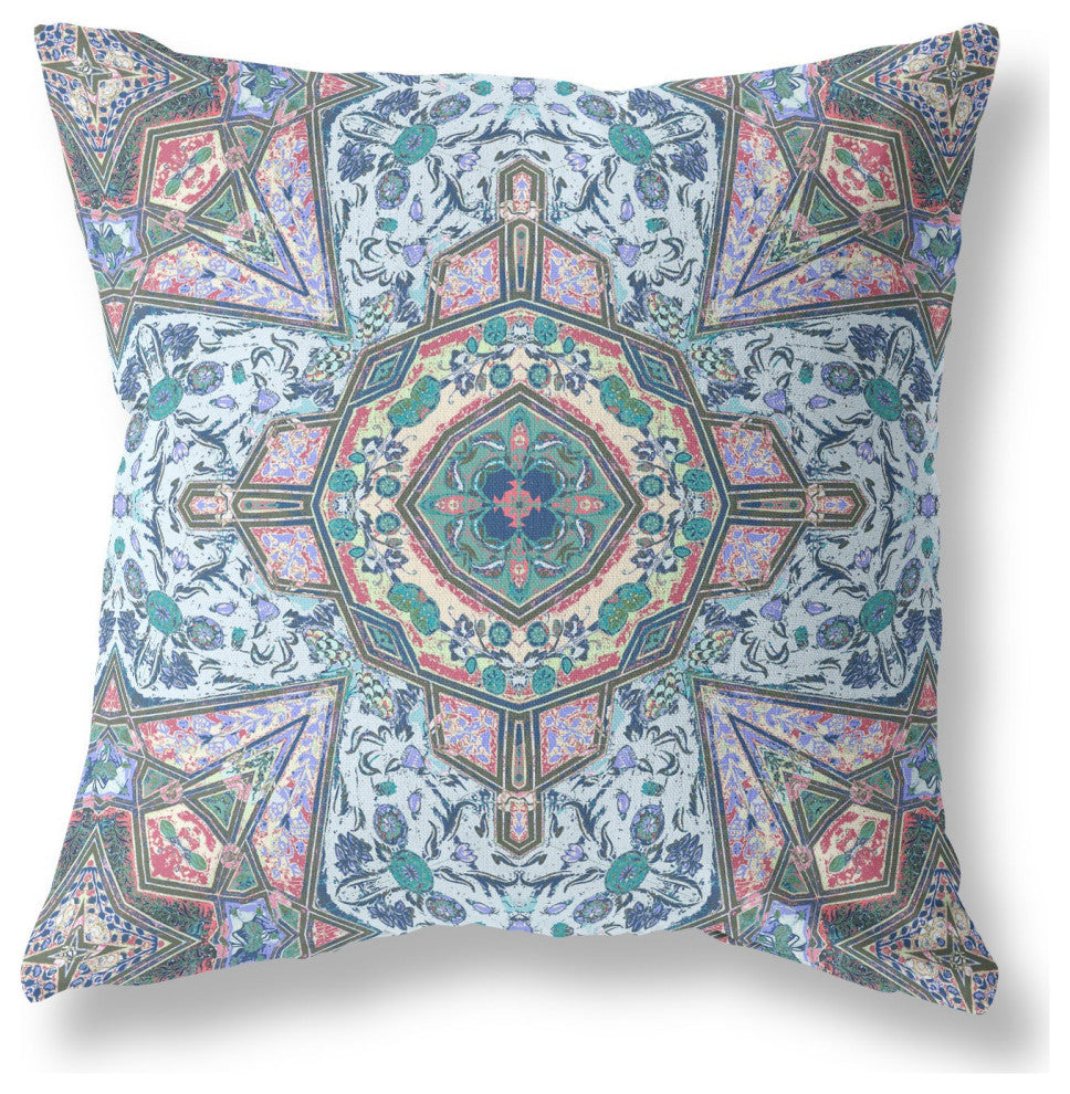 18" Pale Blue Pink Floral Medallion Suede Throw Pillow