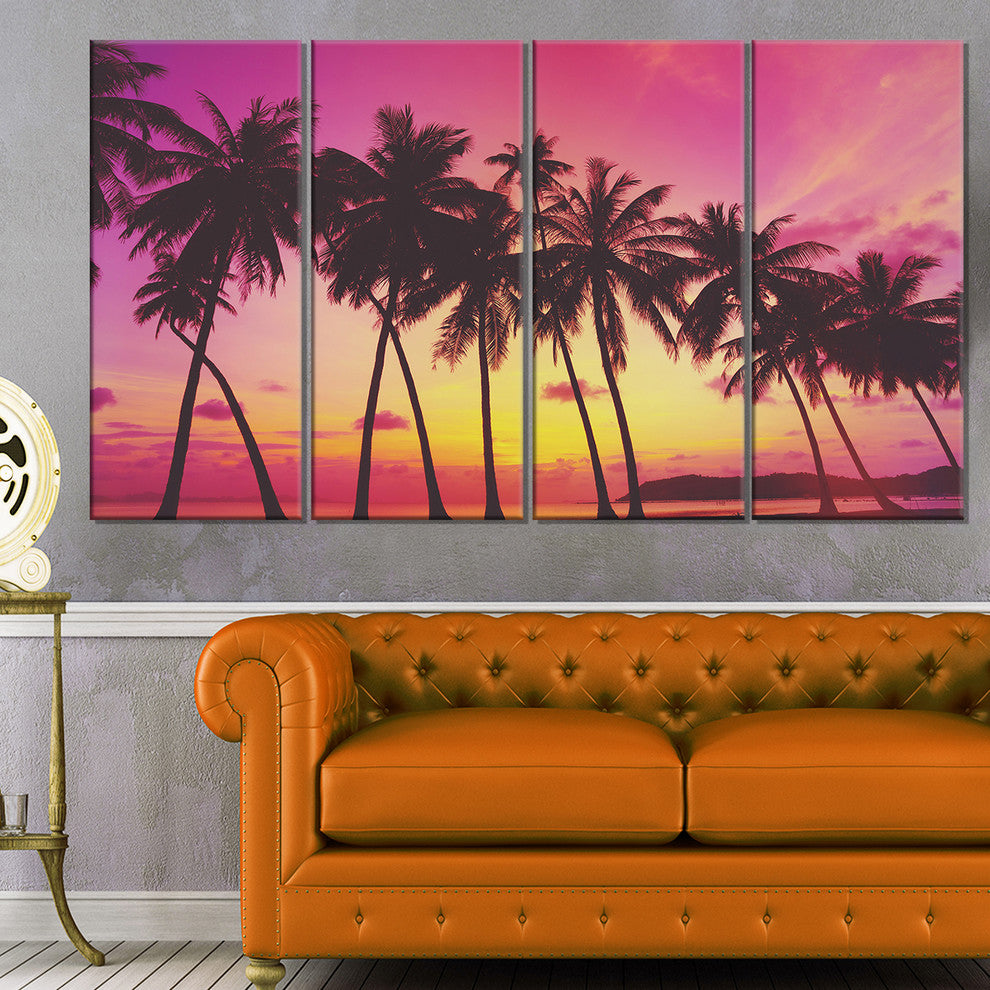 "Row of Beautiful Palms Under Magenta Sky" Wall Art Landscape, 4 Panels, 48"x28"