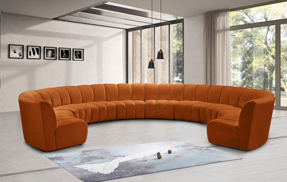 Infinity Channel Tufted Velvet Modular Chair, Cognac, 10 Piece