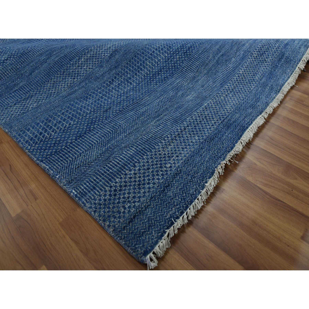 Dark Sapphire Hand Knotted Grass Design Wool and Silk Oversized Rug, 12'x18'