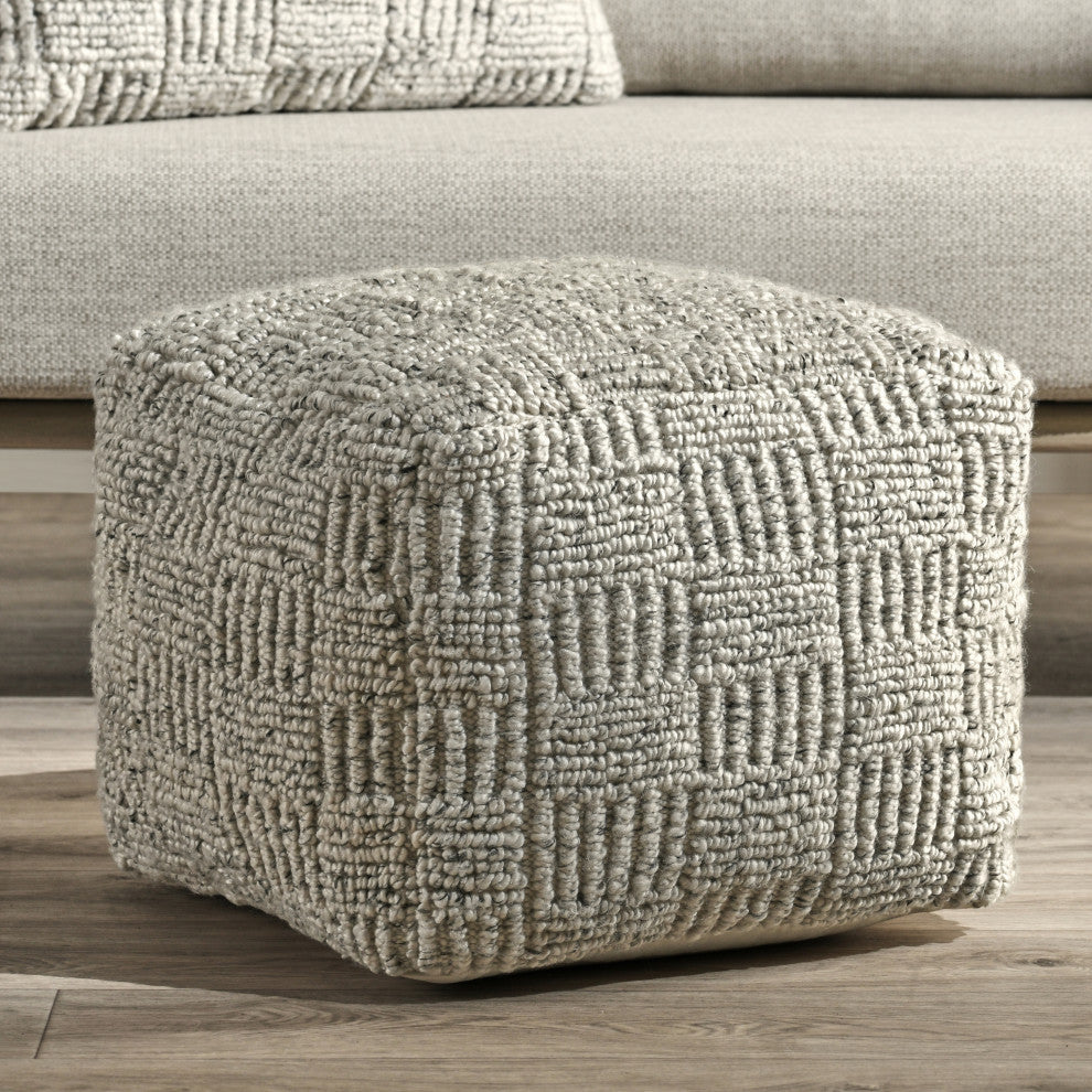 Shades 18" Recycled Fabric Indoor Outdoor Pouf, Ivory