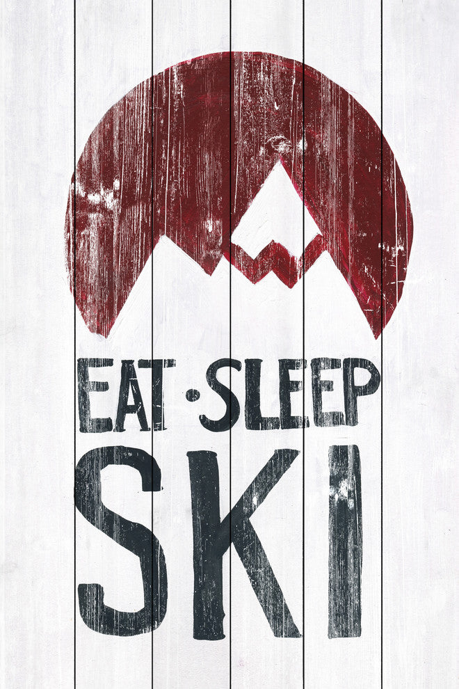 "Eat Sleep Ski Mountains" Painting Print on White Wood, 12"x18"