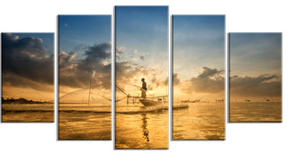 Pakpra with Fisherman at Sunrise, Landscape Canvas Art Print, 60"x32", 5 Panels