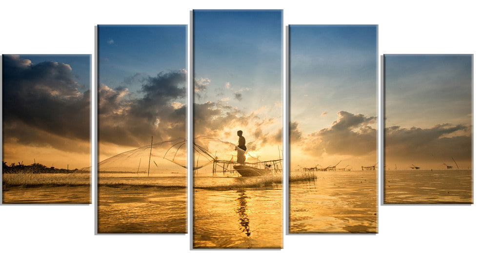 Pakpra with Fisherman at Sunrise, Landscape Canvas Art Print, 60"x32", 5 Panels